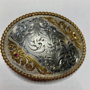 Vintage Belt Buckle 2-tone floral w/ruby accents
